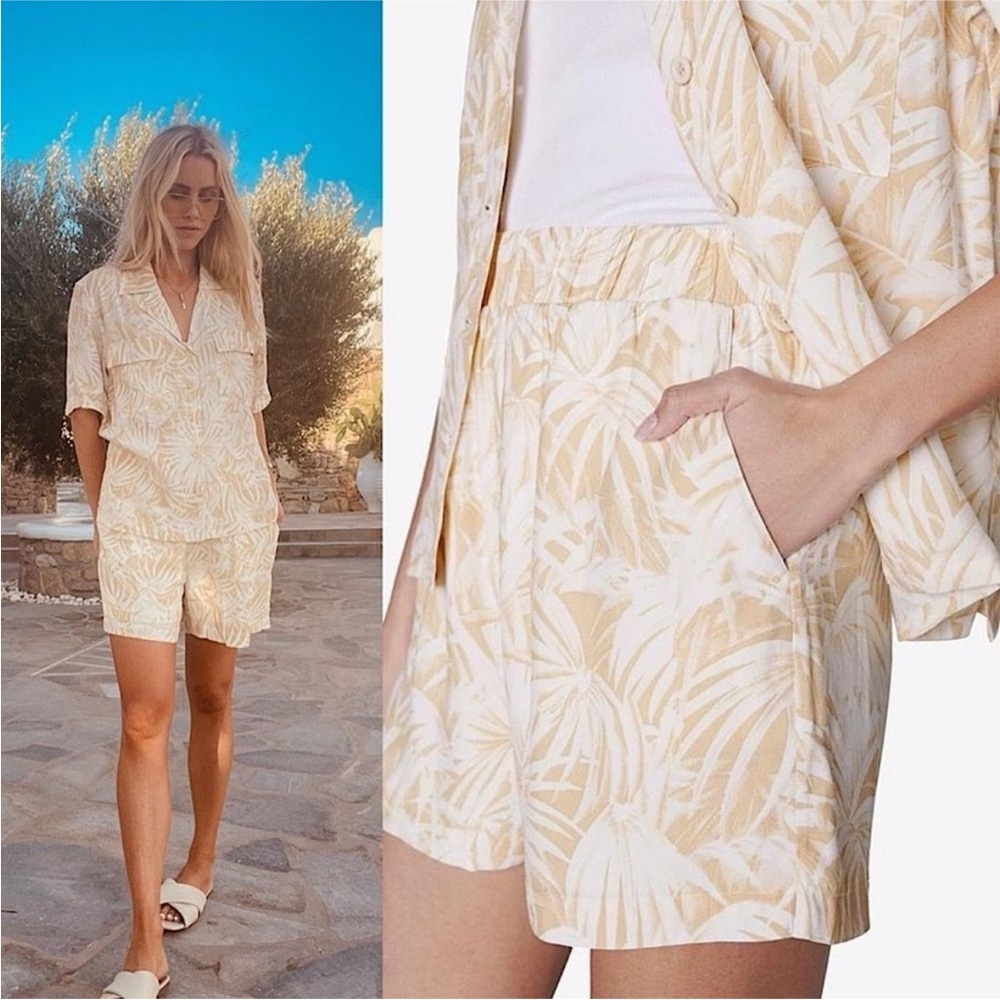 Anine Bing Cream White Tropical Button Down Top Shorts 2 Piece Set Hawaiian Palm